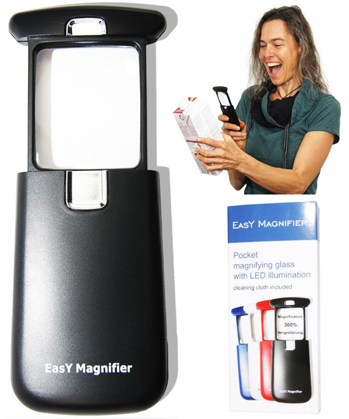 EasY Magnifier Taschen Lupe 3fach mit LED Licht; Kleine Leselupe Lesehilfe für Senioren, Mini Handlu