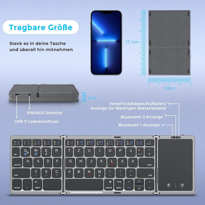 seenda Faltbare Bluetooth Tastatur mit Touchpad für Multi Gerät Wiederaufladbare Wireless Tastatur m