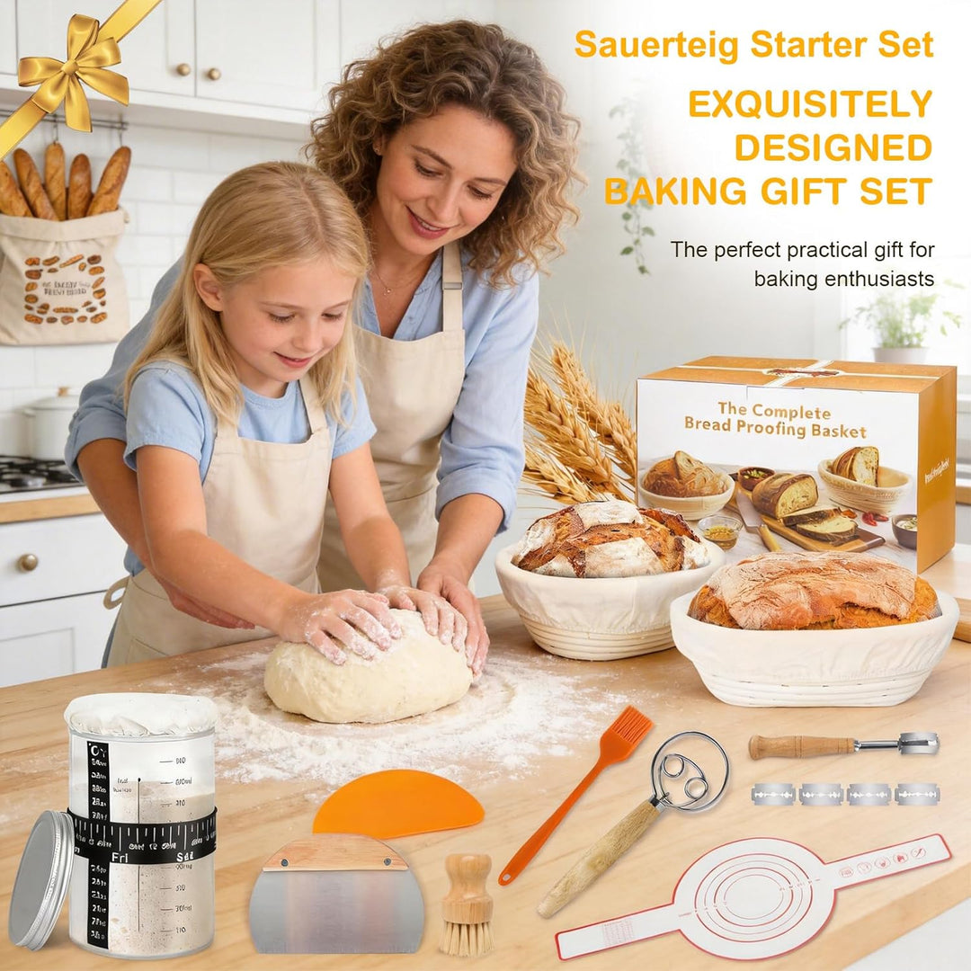 Sauerteig Starter Set, Backzubehör für Sauerteigbrot mit 2 Gärkorb (25cm Ovale & 23cm Runde), Sauert