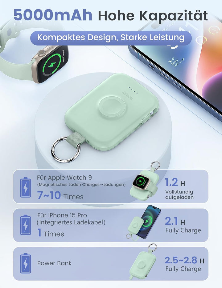RORRY Power Bank, 5000mAh Powerbank mit Integriertem Kabel, Reise Portable Charger Schlüsselanhänger