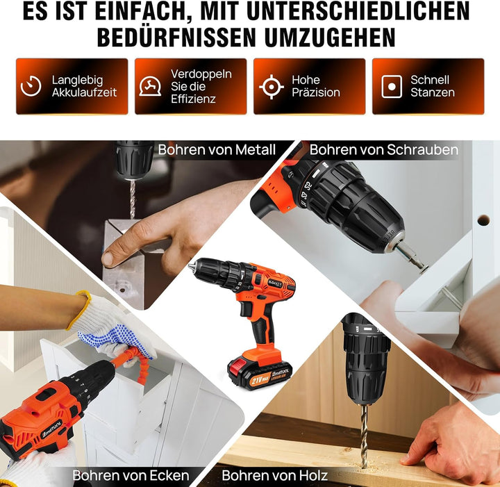 21V Akkuschrauber Set, 45NM Max Akku bohrschrauber mit 2x2000mAh Akkus und Ladegerät, 25+1 Drehmomen