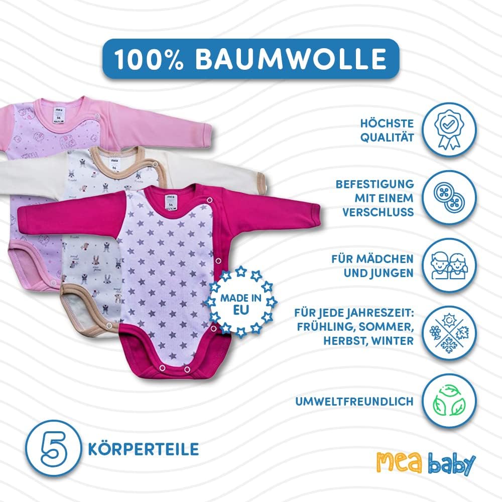 Unisex Baby Langarm Body aus 100% Baumwolle im 5er Pack, Baby Langarm Wickelbody mit Print, Baby Wic