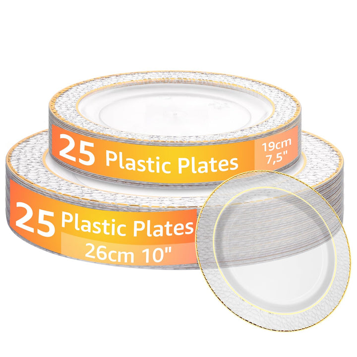 AKOLAFE 50 Transparent Plastikteller mit Goldrand, 2 Grössen Mehrweg Kunststoffteller 19cm und 26cm