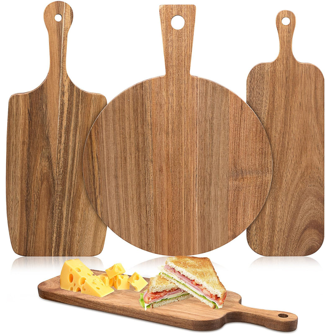3er Set Akazienholz Schneidebretter mit Griff, 3 Formen Holz Holzbretter Holzbrett, Kuchen Servierbr