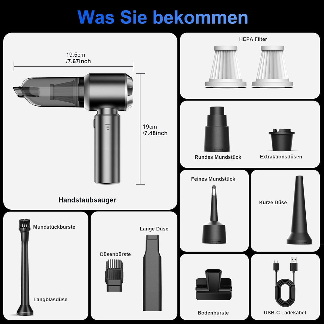 Handstaubsauger, 26000Pa Mini Akku Staubsauger Kabellos 4-In-1 Autostaubsauger 6000mAh 3-Gang Elektr