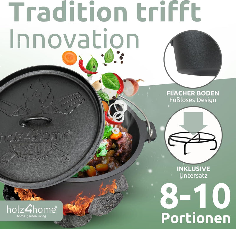 holz4home® Dutch Oven Set [12L, Ohne Füsse] I Eingebrannter Feuertopf Gusseisen I Schmortopf mit Dec