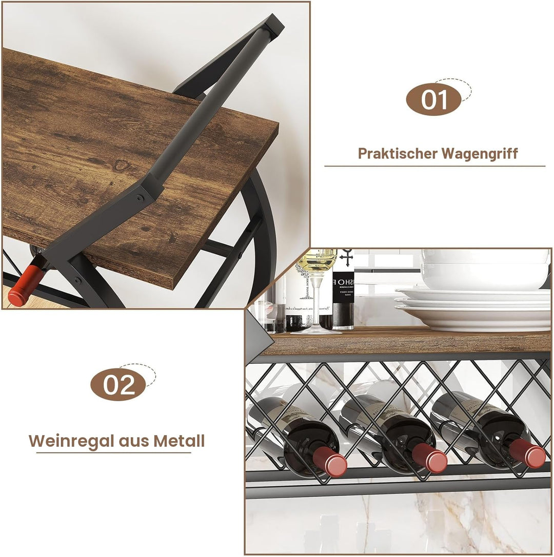 LVB Servierwagen mit Rollen, Küchenwagen aus Holz, Barwagen mit 2 Ebenen und Weinregal, Weinwagen, G