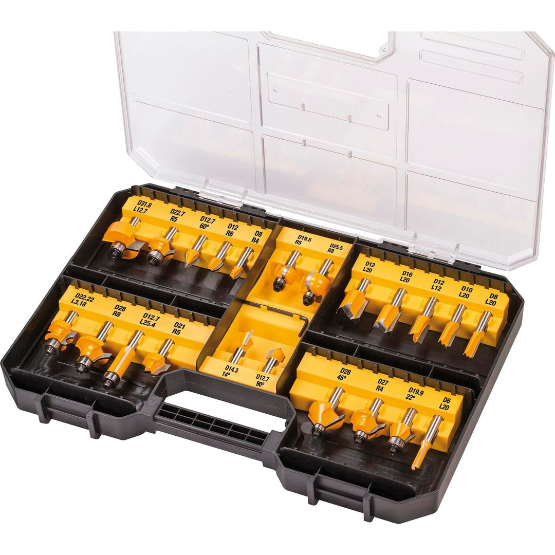 Dewalt Fräser-Set 22 tlg. (Nutfräser, Zinkenfräser, Hohlkehlfräser, in Aufbewahrungsbox mit Klarsich