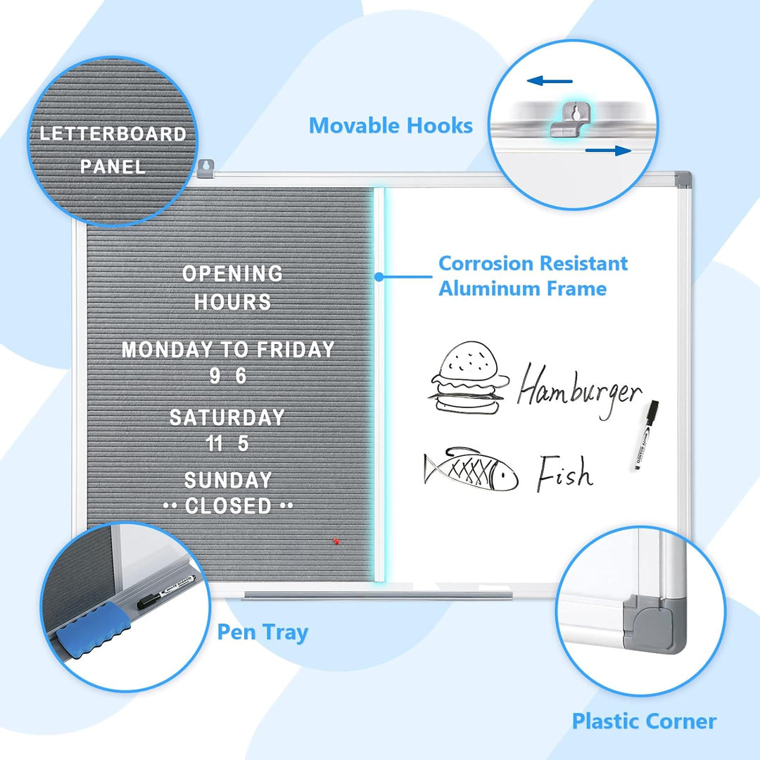 MAKELLO Kombitafel 90x60cm Whiteboard und Buchstaben Tafel, Pinnwand Magnettafel mit Aluminiumrahmen