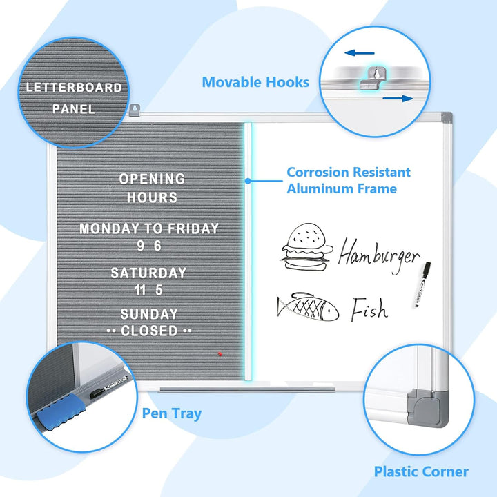 MAKELLO Kombitafel 90x60cm Whiteboard und Buchstaben Tafel, Pinnwand Magnettafel mit Aluminiumrahmen