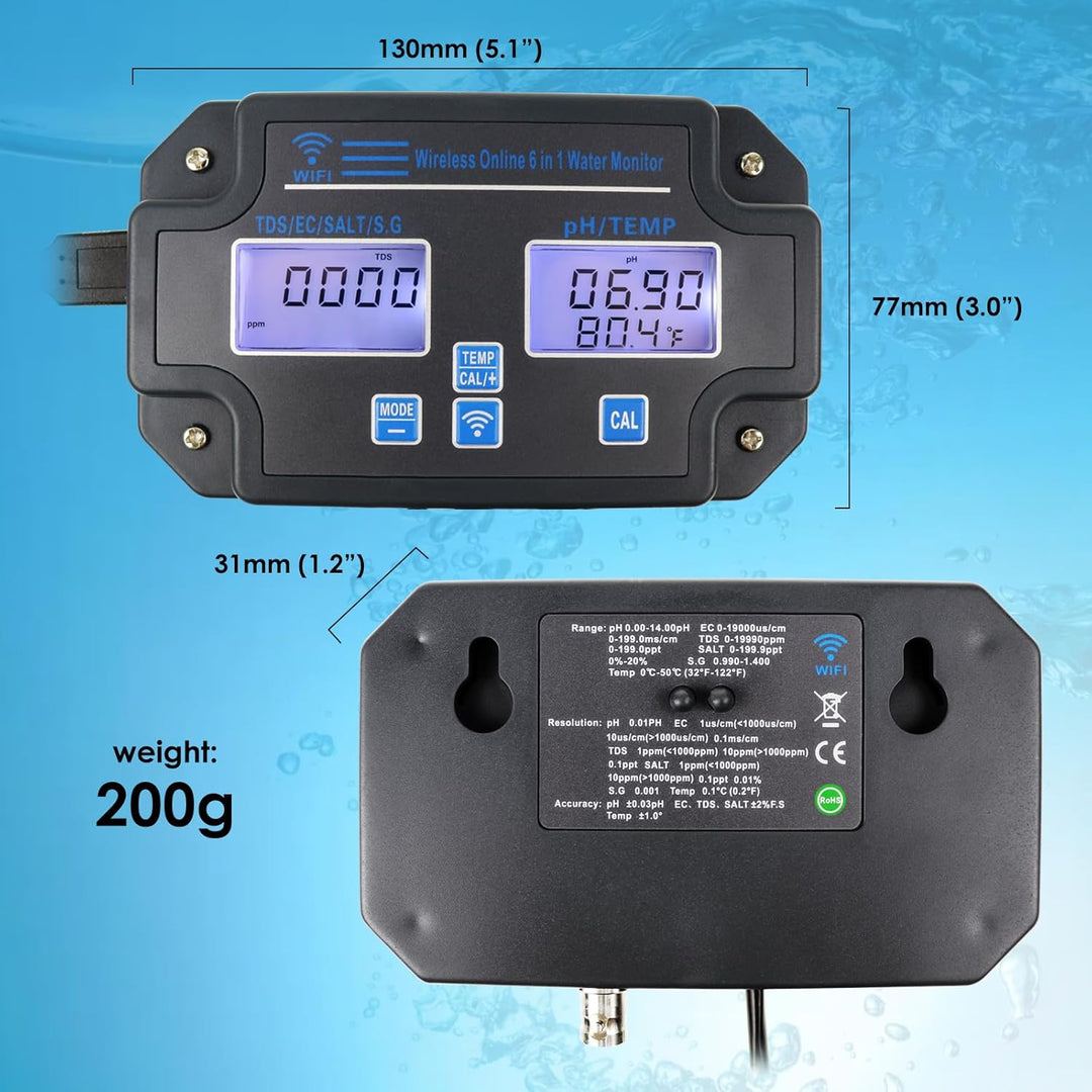 Professioneller 6-in-1-Wasserqualitätsmonitor testet pH-Wert, TDS, EC, Salzgehalt, SG, Temperatur Wi