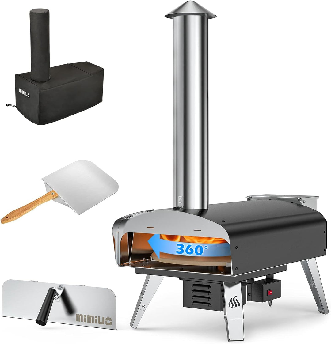 Mimiuo Outdoor Pizzaofen, Pelletofen für den Garten mit automatischem Drehsystem, Holzofen mit Pizza