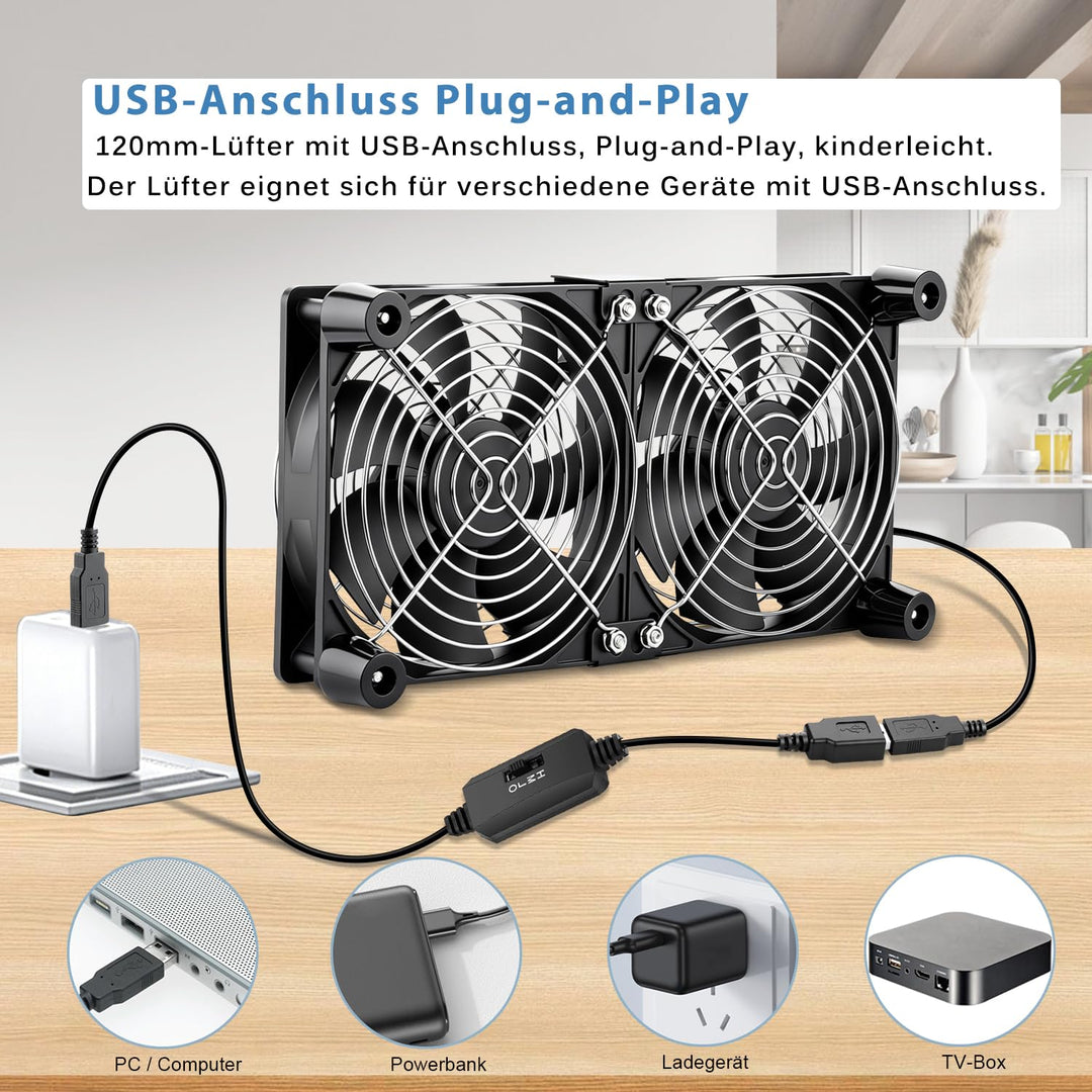 GDSTIME 120mm USB Lüfter 120 x 25mm Gehäuselüfter USB 120mm PC Lüfter 1500 U/min Bürstenloser Lüfter
