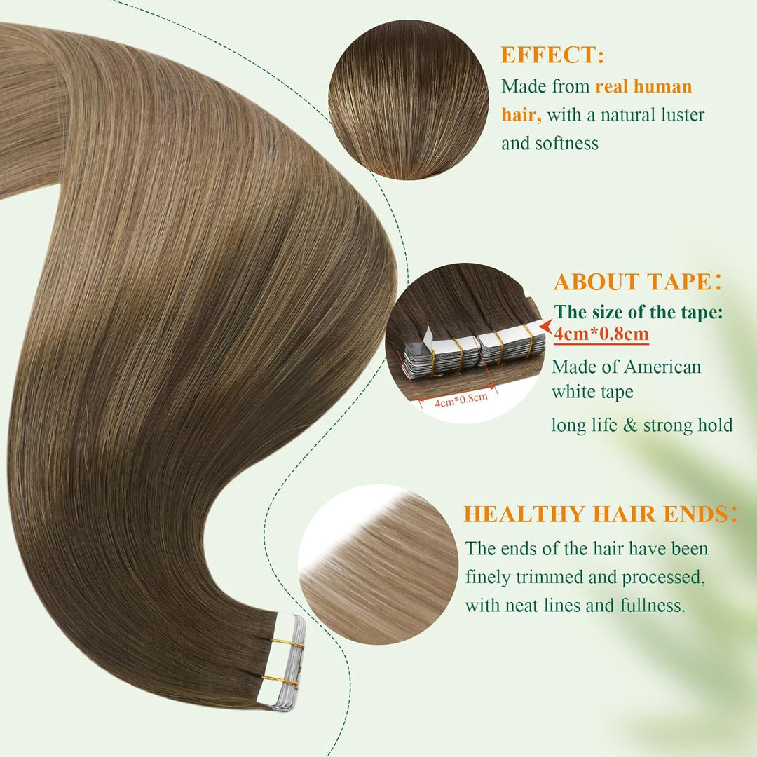 Easyouth Echthaar Tape Extensions Balayage Braun Extensions Echthaar Tape Dunkelste Braun Ombre Mitt