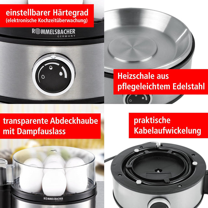 ROMMELSBACHER Eierkocher ER 400 - für 1-7 Eier, einstellbarer Härtegrad, elektronische Kochzeitüberw