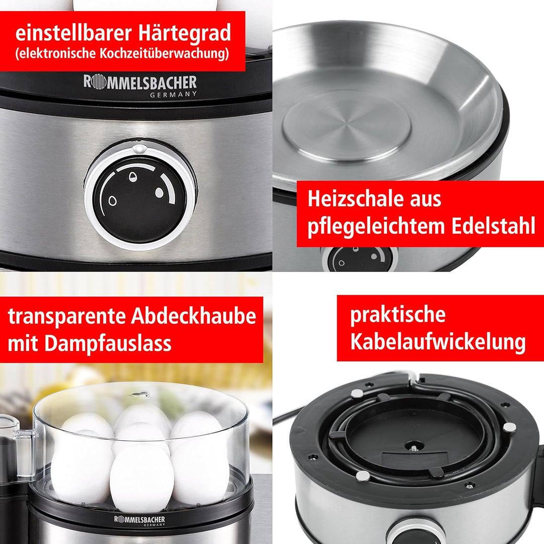 ROMMELSBACHER Eierkocher ER 400 - für 1-7 Eier, einstellbarer Härtegrad, elektronische Kochzeitüberw
