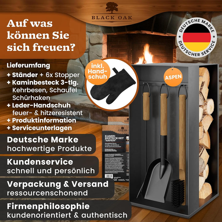 BLACK OAK Kaminbesteck ASPEN 4-teilig mit Lederhandschuh - praktisches & repräsentatives Ofenbesteck