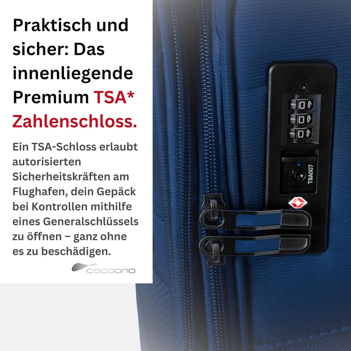 Cocoono Handgepäck Koffer 55x40x20 – Leichter Stoff Reisekoffer mit Rollen, TSA-Schloss, erweiterbar