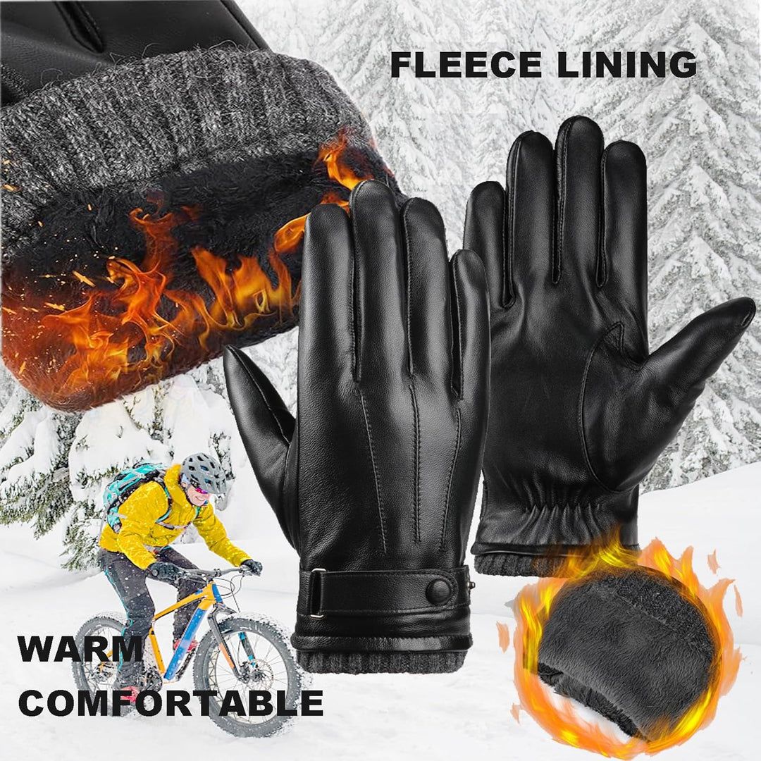 HEYANN Herren Winter Echtes Schaffell Leder warme Schwarze Handschuhe Kaschmir Futter Winddicht Kält