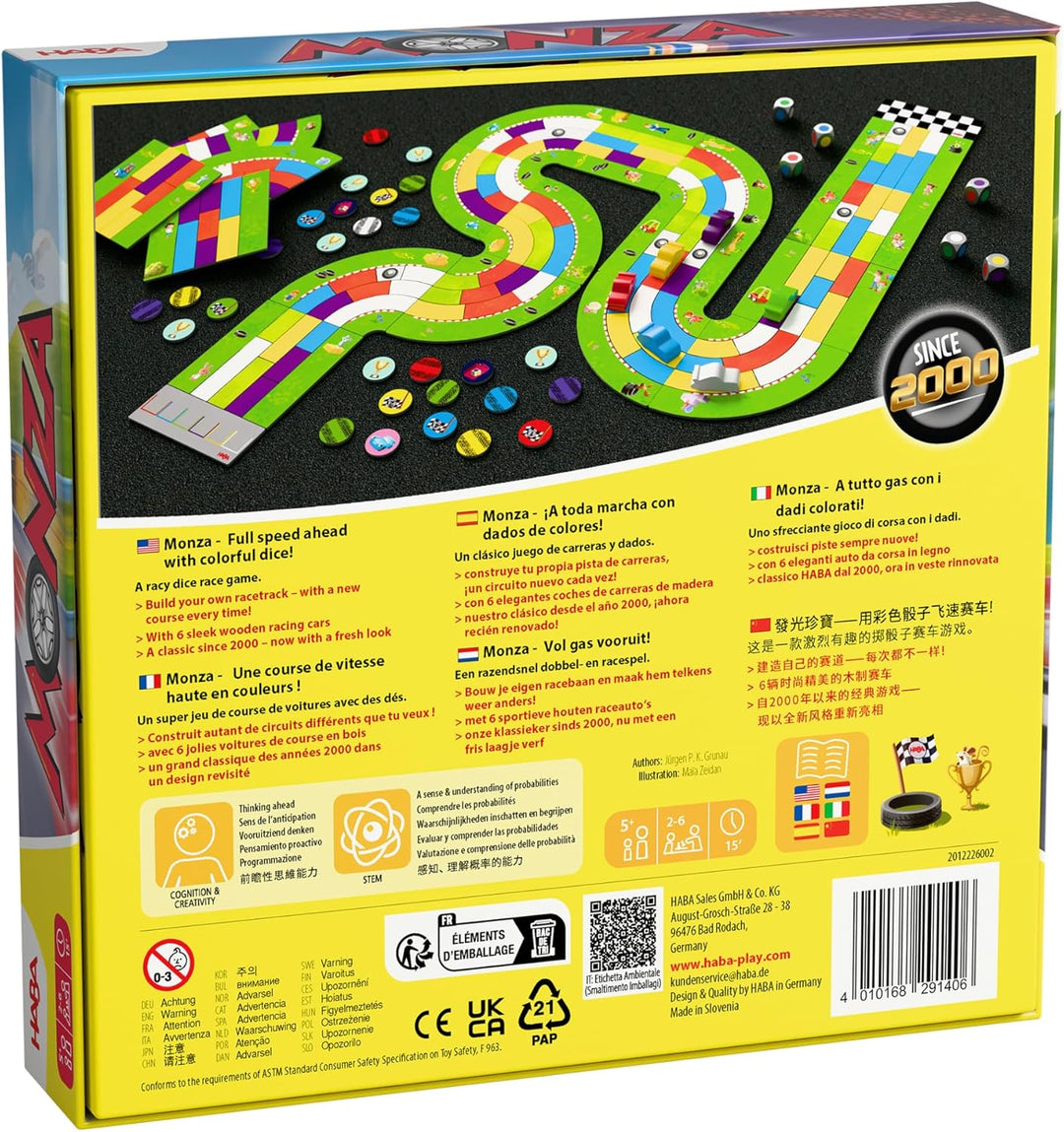 HABA Monza – Rasantes Brettspiel & Auto-Rennspiel für Kinder ab 5 Jahren – Mit 6 bunten Holzautos &