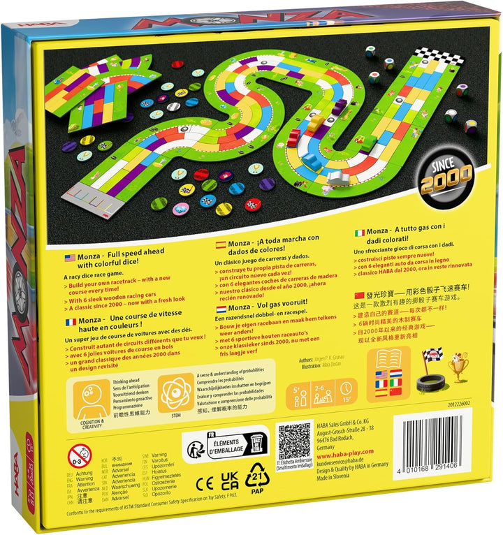 HABA Monza – Rasantes Brettspiel & Auto-Rennspiel für Kinder ab 5 Jahren – Mit 6 bunten Holzautos &