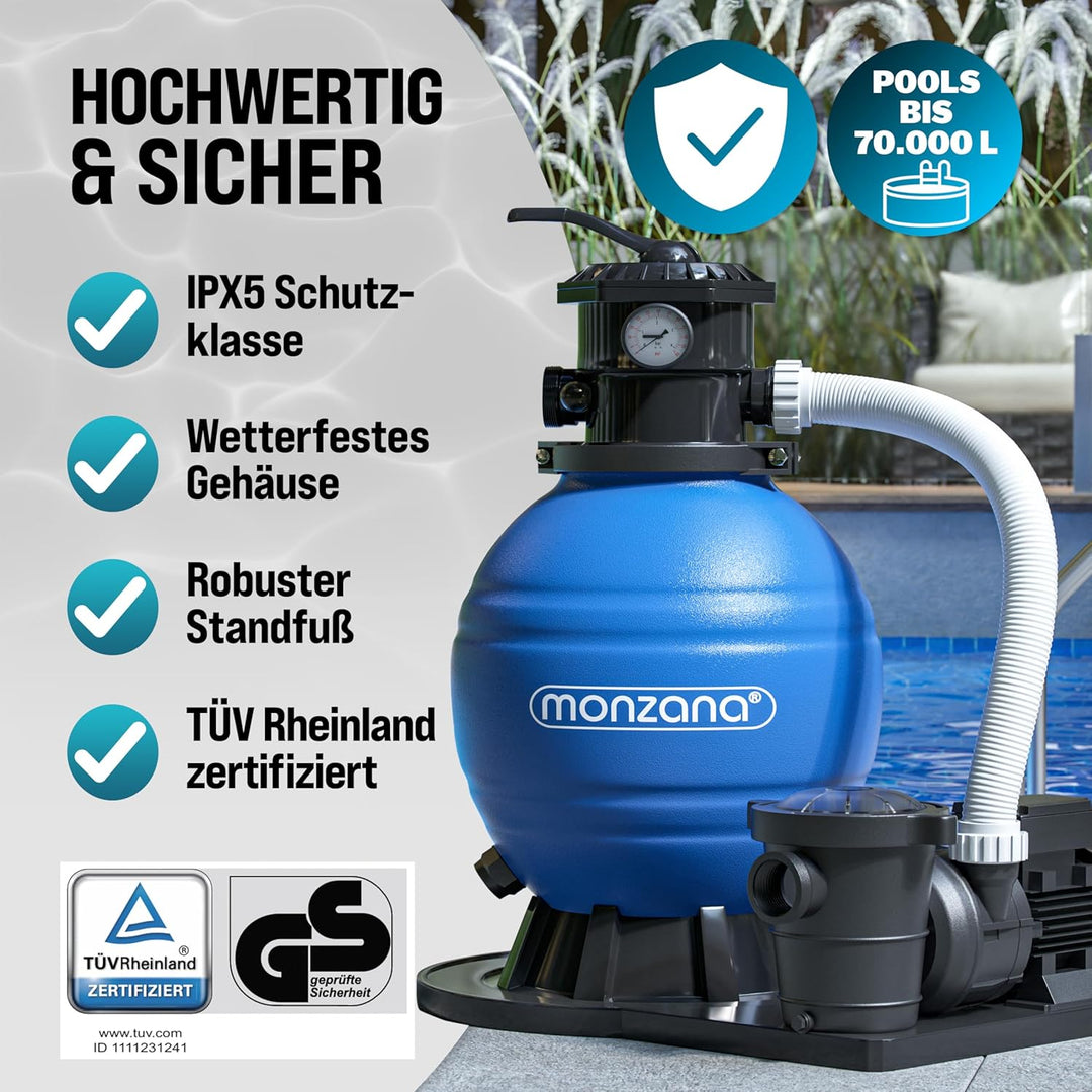 MONZANA® Sandfilteranlage SF159 15.900L/h inkl Filterbällen 7 Wege Ventil 2in1 Adapter Ø32-38mm 600W