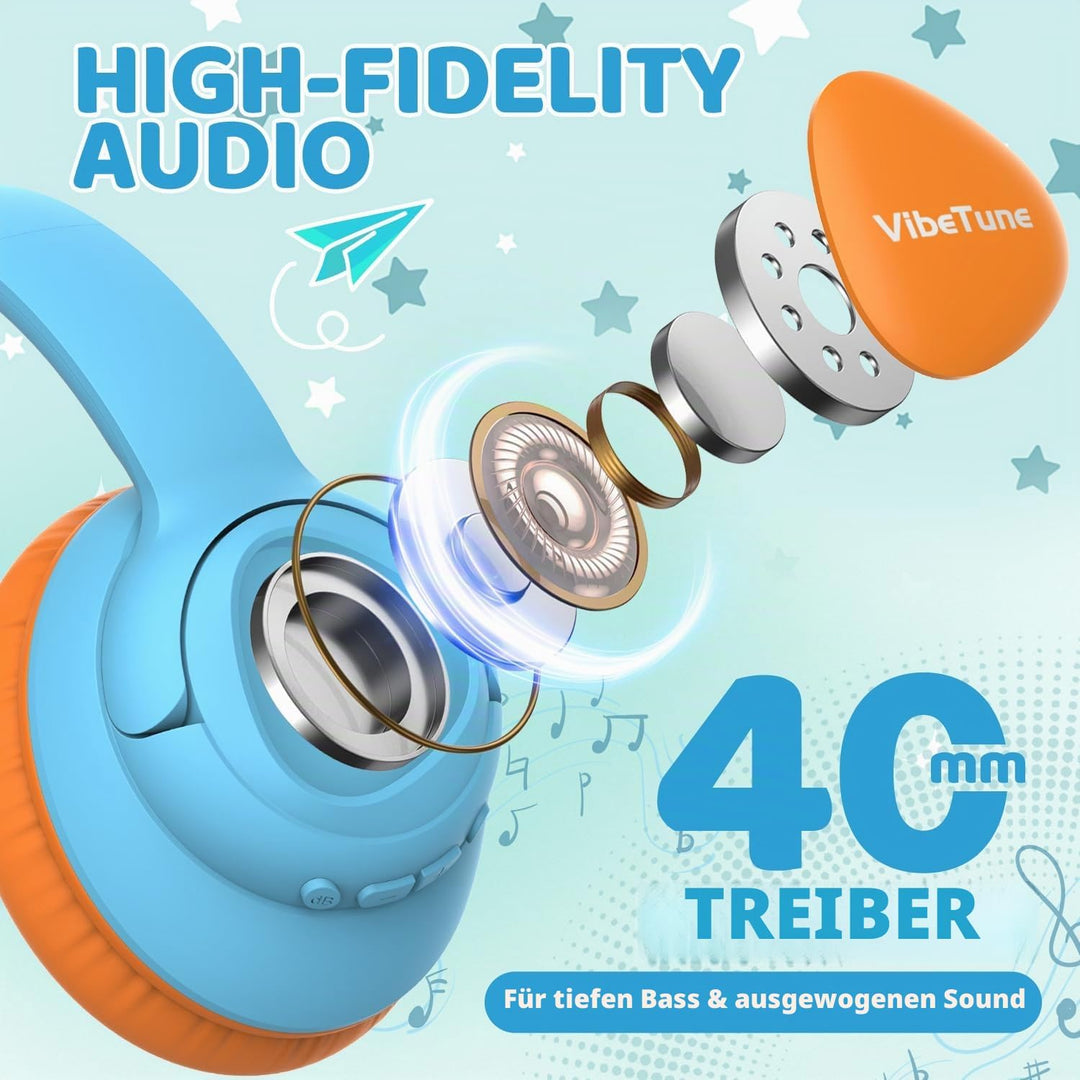 VibeTune Kinder Bluetooth Kopfhörer, 60 Stunden Spielzeit, Lautstärkebegrenzung 85/94dB, Bluetooth 5