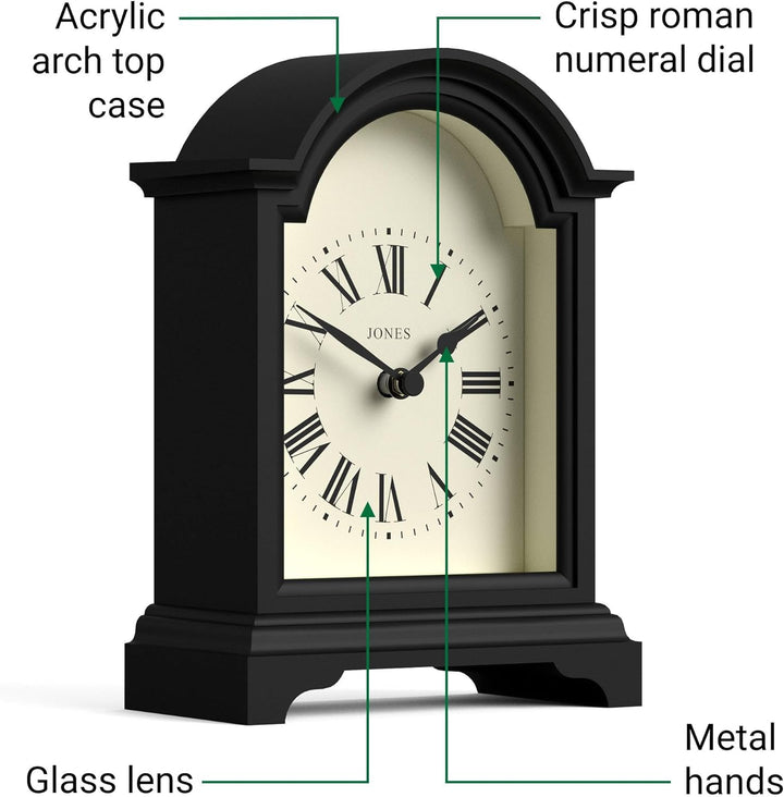 JONES CLOCKS® Kaminuhr 'Bistro' – klassisches Bogendesign in Schwarz, zeitgenössischer klassischer S