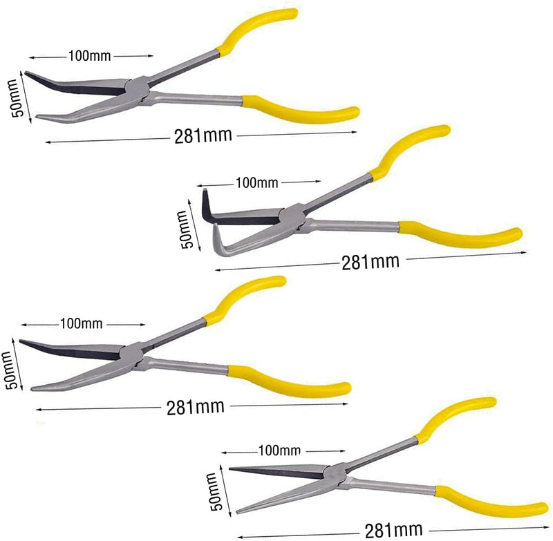 4Stk Spitzzange Lange 11" Zangen-Set Gerader/Gebogen/Runde Klemmkopf mit Soft-Griff 25 °/ 45 ° /90 °