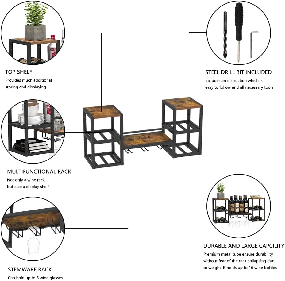 VEDECASA industriell wandmontierte Weinregal mit 3 Dampfglashalter Partial Holzregal Schwarz Metallf