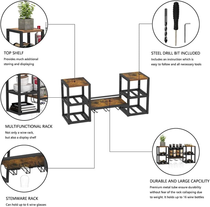 VEDECASA industriell wandmontierte Weinregal mit 3 Dampfglashalter Partial Holzregal Schwarz Metallf