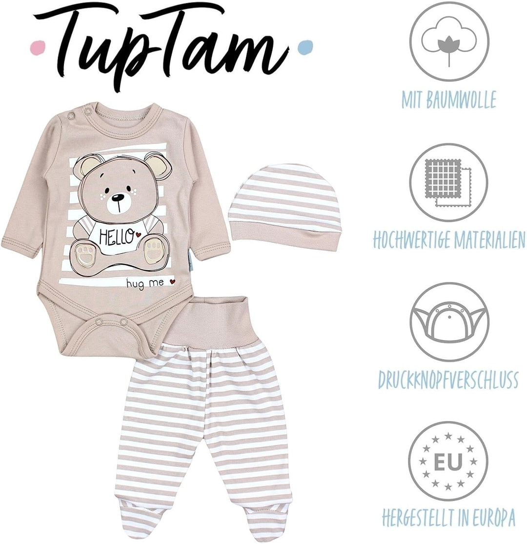 TupTam Baby Set mit Langarmbody, Hose &amp; Mütze – 3-teilig 62 Teddybär Beige, 62 Teddybär Beige