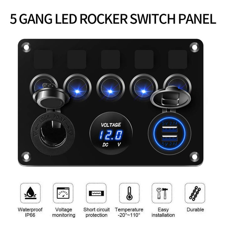 KAOLAI Schalter Panel 12V/24V 4.2A IP65 Wasserdicht Schalter Panel 12V Camper Dual-USB-Ladegerät LED