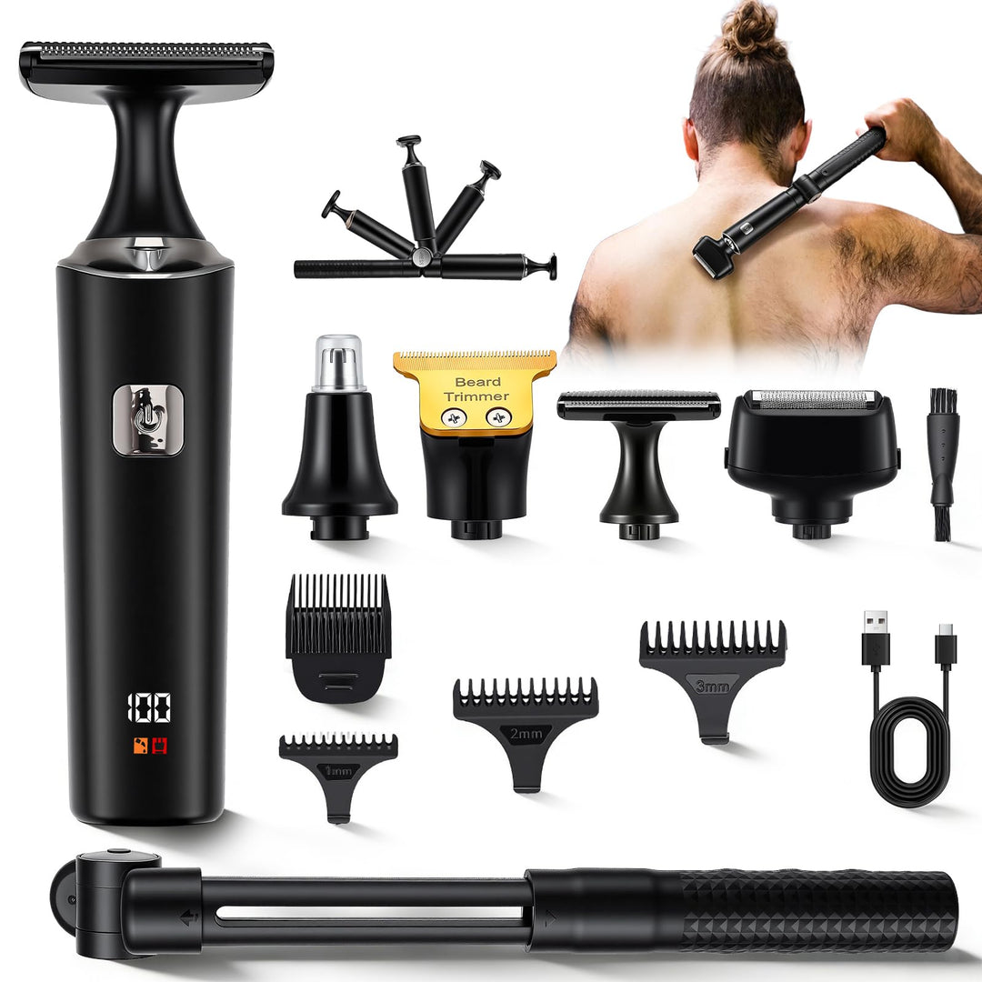 5 in 1 Bodygroom Herren Sets, Elektrisch Rückenrasierer Herren Mens mit Faltbarem Verlängerung Grif,