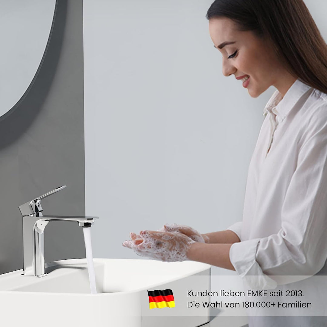 EMKE Waschtischarmatur Chrom, Wasserhahn Bad Mischbatterie Ultrathin, German 4MS Kupfer mit DVGW Zer