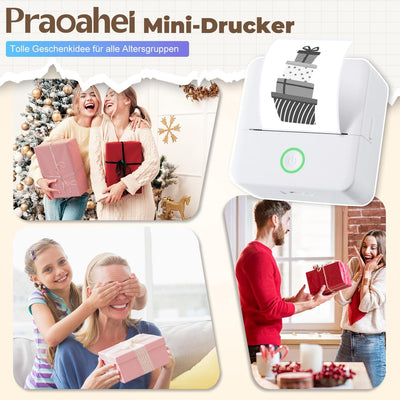 PRAOAHEI Mini Drucker, Tragbarer Fotodrucker mit 10 Rollen Druckerpapier, Bluetooth-Etikettendrucker