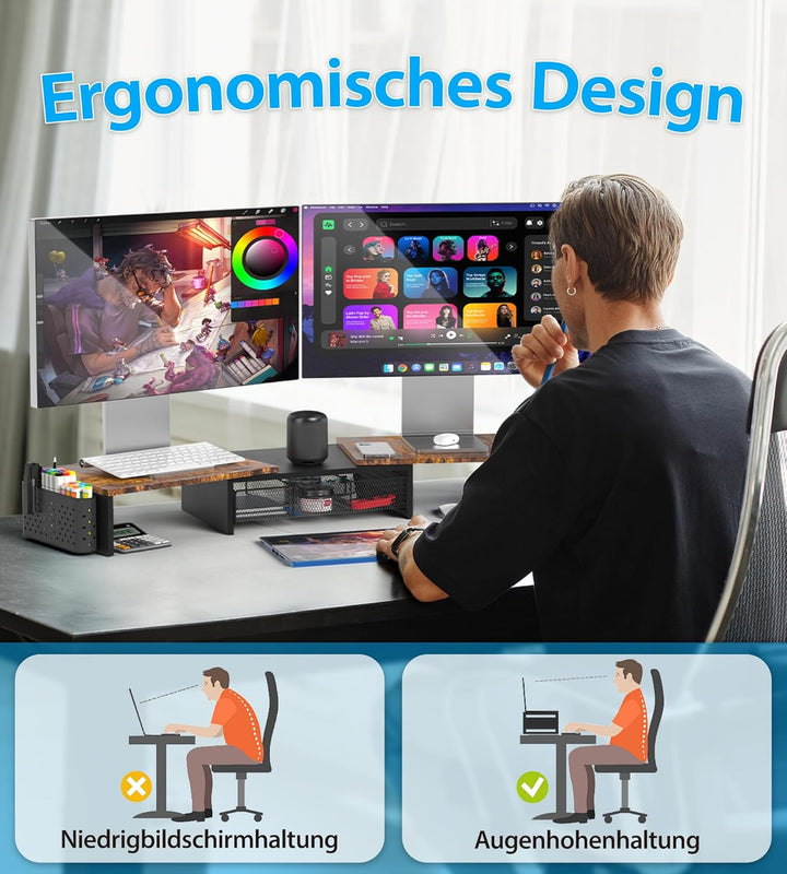 MOWETOO Dual Monitorständer Holz,Monitor Stand mit Schublade &amp; 2 Stifthaltern, Längenverstellbar &amp; D