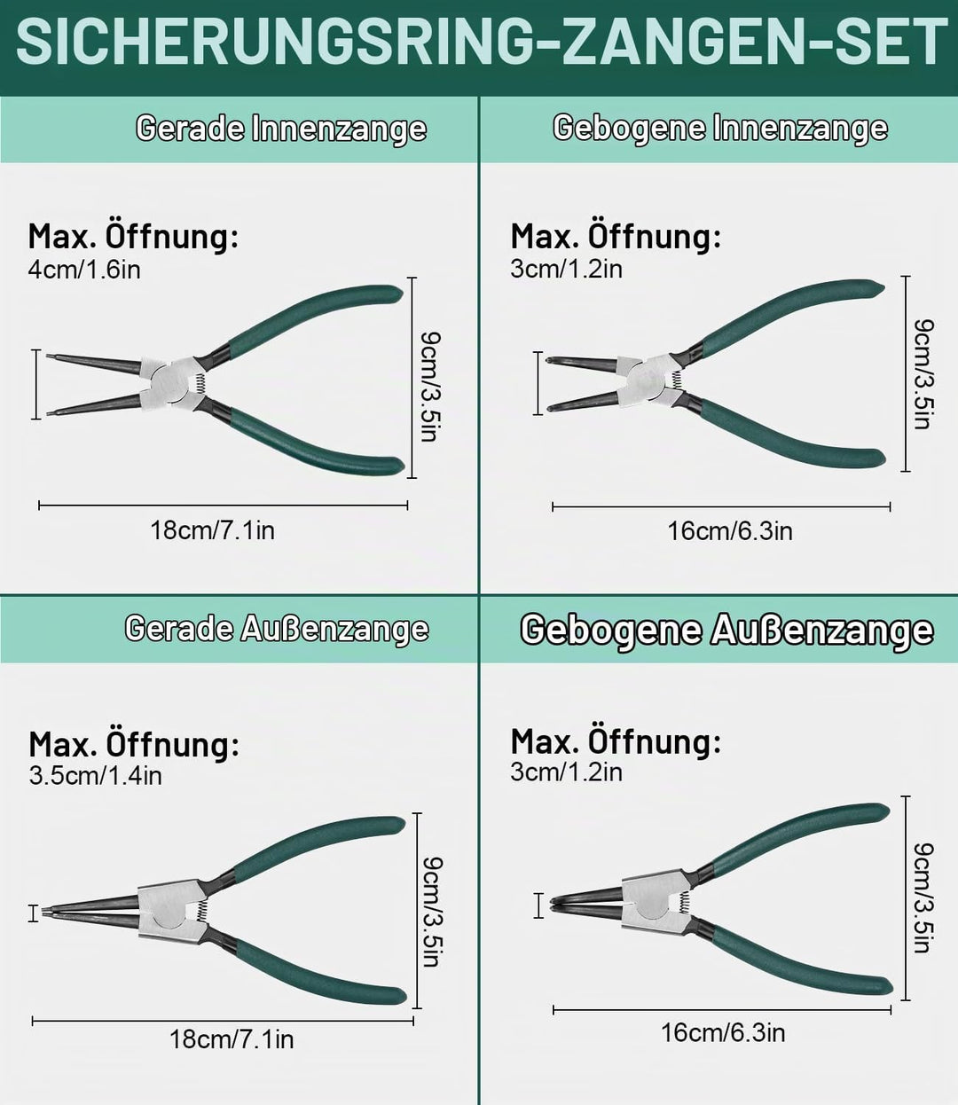 LEAZZLE 4 Stück 180mm Sprengringzangen Set, Sicherungsringzange Set mit Tasche, Gerade Sicherungsrin