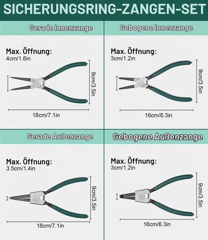 LEAZZLE 4 Stück 180mm Sprengringzangen Set, Sicherungsringzange Set mit Tasche, Gerade Sicherungsrin