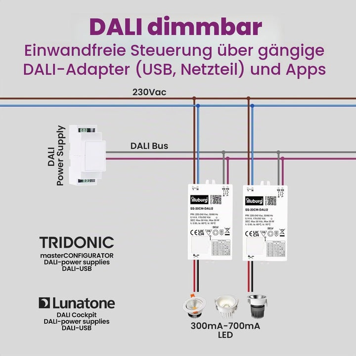 LED Trafo Dimmbar Dali Push 300mA - 700mA Ausgang Einstellbar 20W Flickerfree LED Netzteil Treiber D