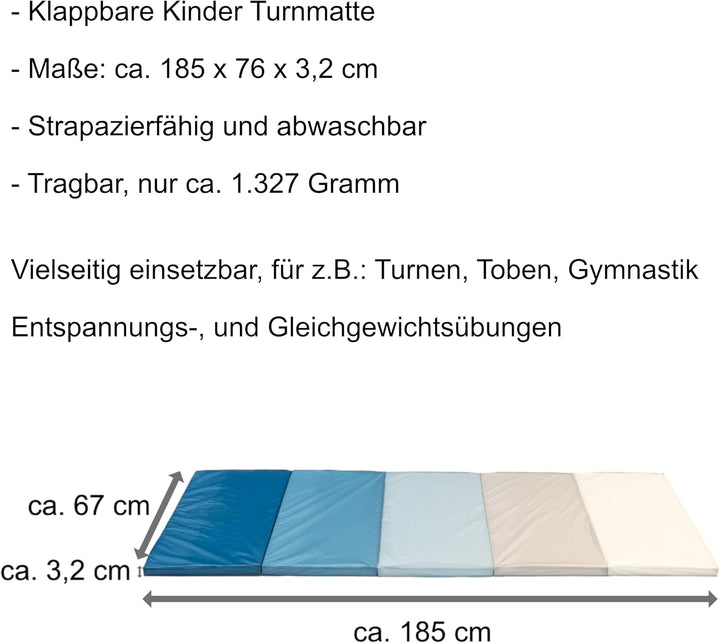 Klappbare Turnmatte | ca. 185 x 76 x 3,2 cm | Tragbare und faltbare Kinder Weichbodenmatte, auch ide