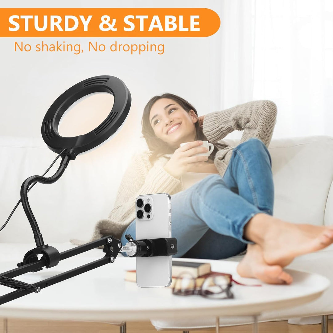 Overhead Stativ Handy mit 6-Zoll-Ringlicht, Metallarm und Tischklemme | 60 LEDs, 3 Lichtfarben, 10 H
