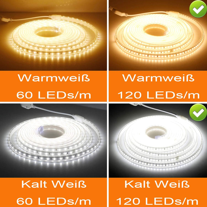 FOLGEMIR 8m Kalt Weiss LED Band ohne Leitungsdraht, 2835 SMD 120 Leds/m Strip, 220V 230V sehr helle