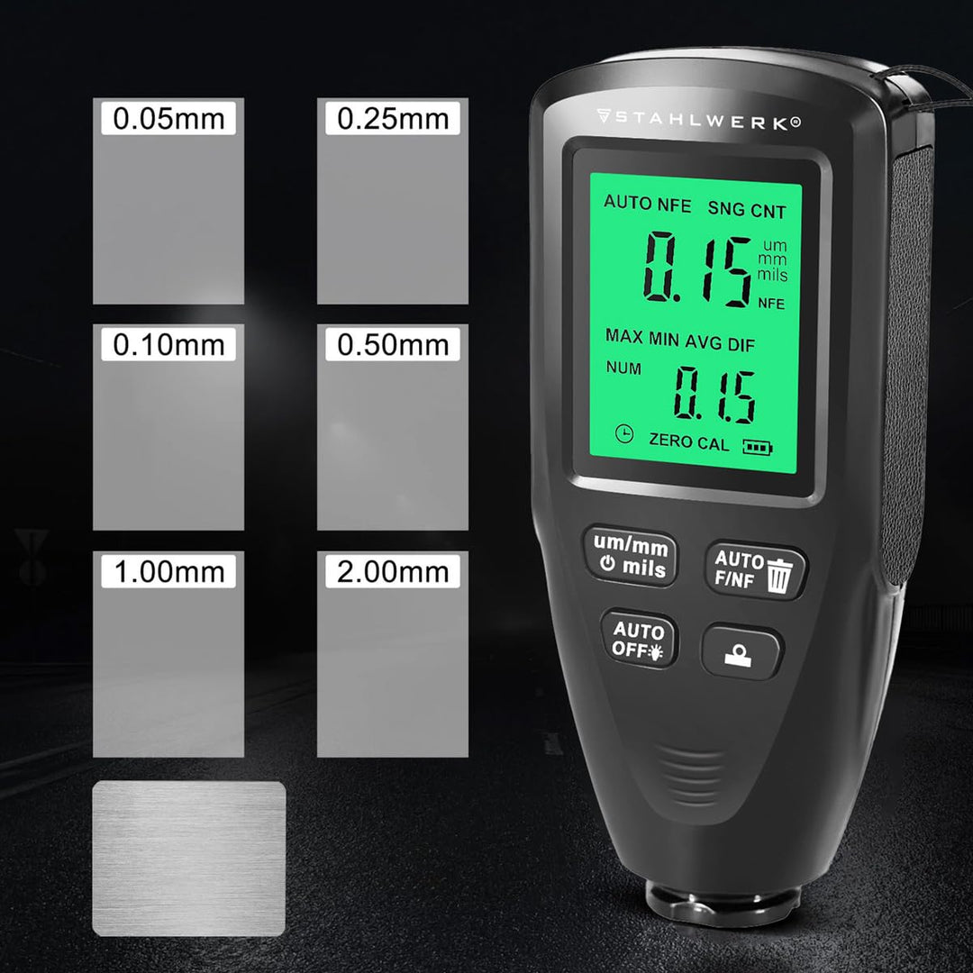 STAHLWERK Schichtdickenmessgerät – Kompakter Lackdickenprüfer 0-2000 µm für KFZ und Materialprüfung,