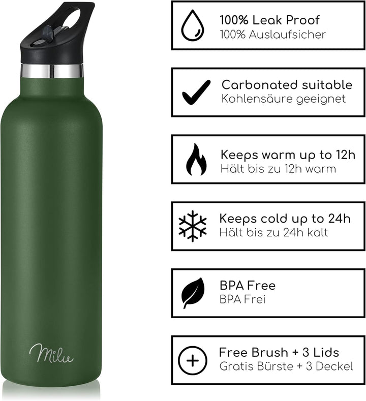 Milu Edelstahl Trinkflasche 350ml 500ml 750ml 1000ml (+3 Deckel) Thermosflasche mit Strohhalm, Isoli