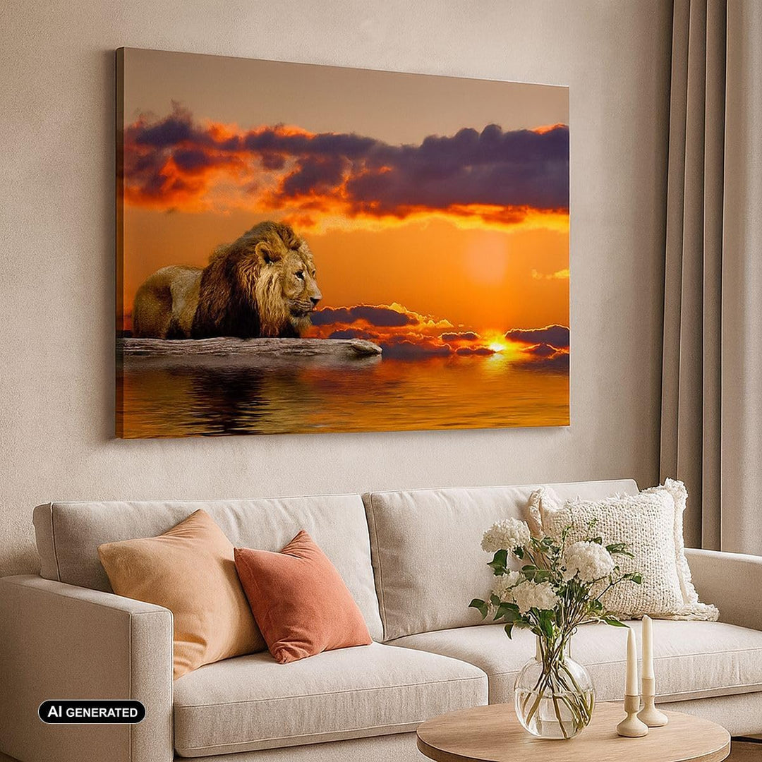 ARTTOR Bilder auf Leinwand 100x70cm Leinwandbild Löwe Sonne Landschaft Gross Wanddeko Bild Schlafzim