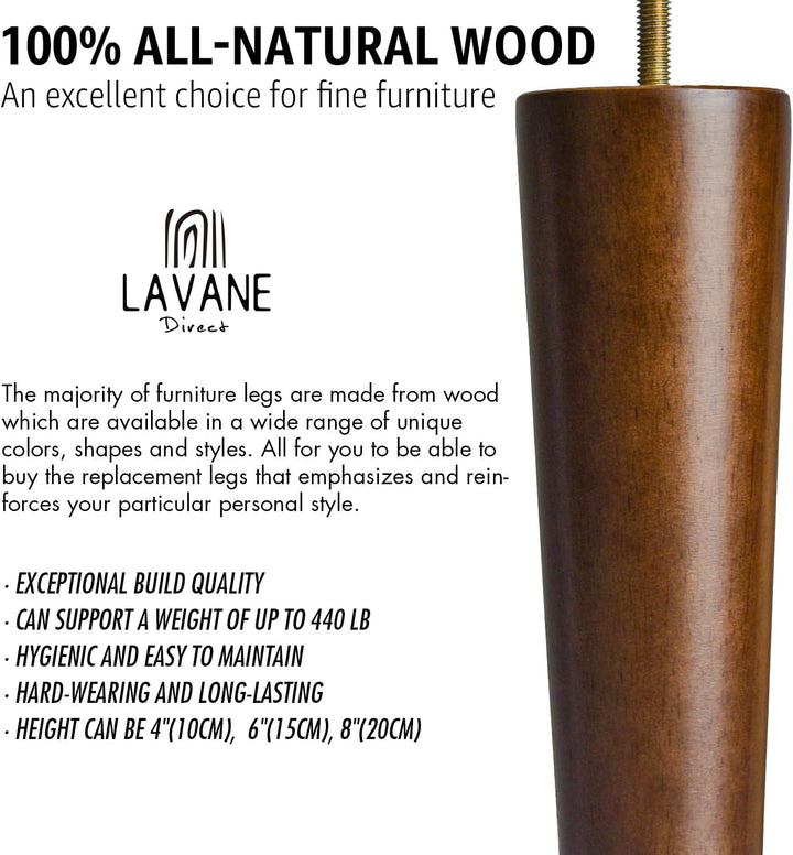 La Vane 4 Stück Möbelfüsse aus Massivholz - 20cm Höhe, Walnuss, Konisch mit M8 Gewindebolzen &amp; Monta