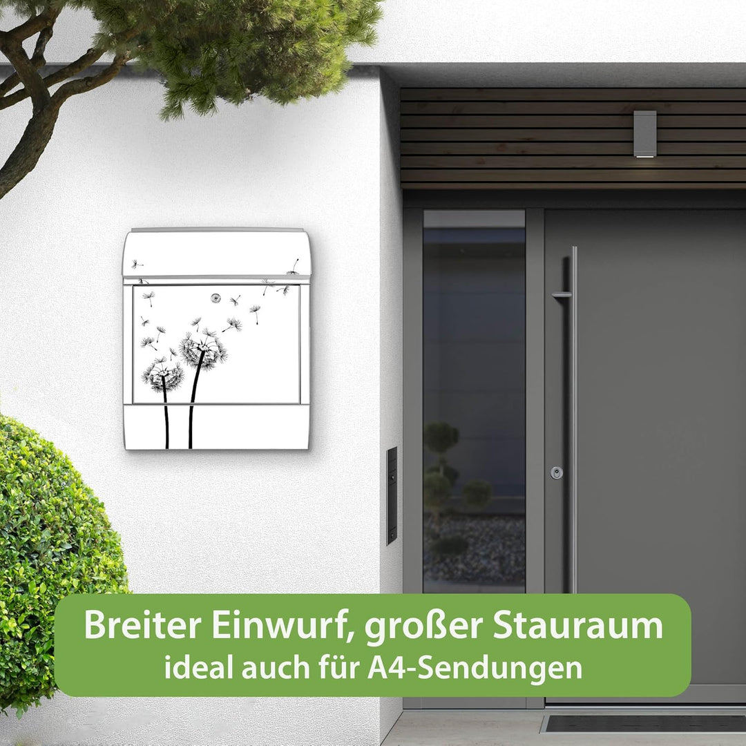 banjado® Design Briefkasten mit Motiv Pusteblume 2 39x47x14cm &amp; 2 Schlüssel - Briefkasten Stahl Silb