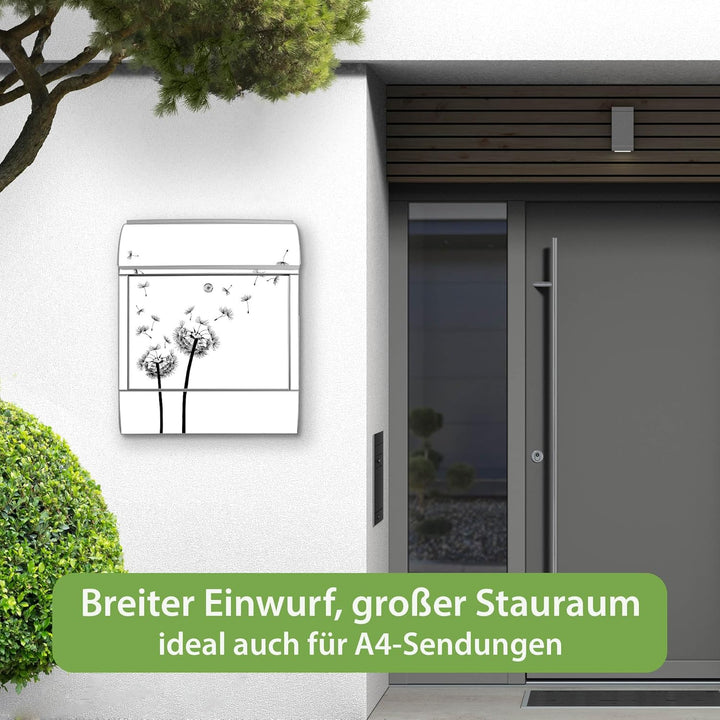 banjado® Design Briefkasten personalisiert mit Motiv Pusteblume 2 39x47x14cm &amp; 2 Schlüssel - Briefka
