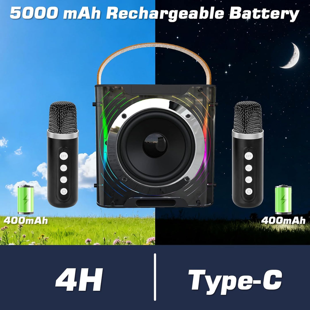 Karaoke Maschine mit 2 Mikrofone, Lautsprecher Box mit Lichteffekte, Tragbaren 5.3 Bluetooth Lautspr